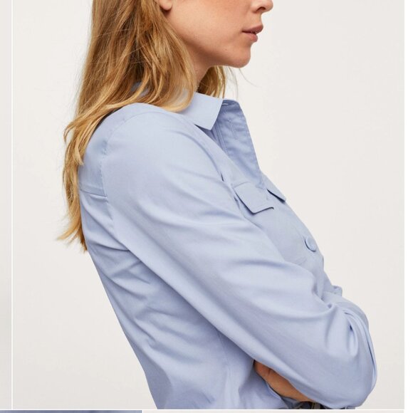 Mango Fitted Cotton Poplin Shirt Button Down Up Blue Office Work Business Casual - Picture 4 of 14